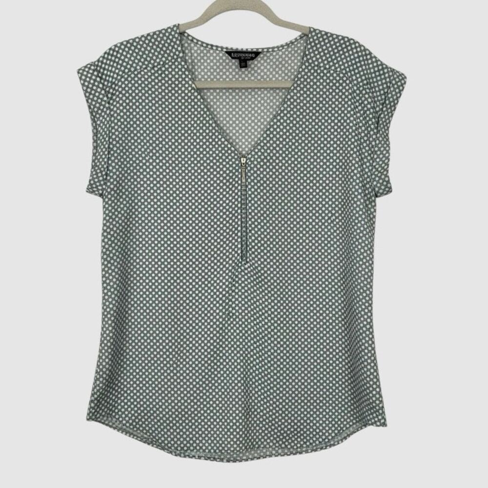 NWT Express Grey & White Polka Dot Quarter Zip V-Neck Cuffed Sleeve Blouse
